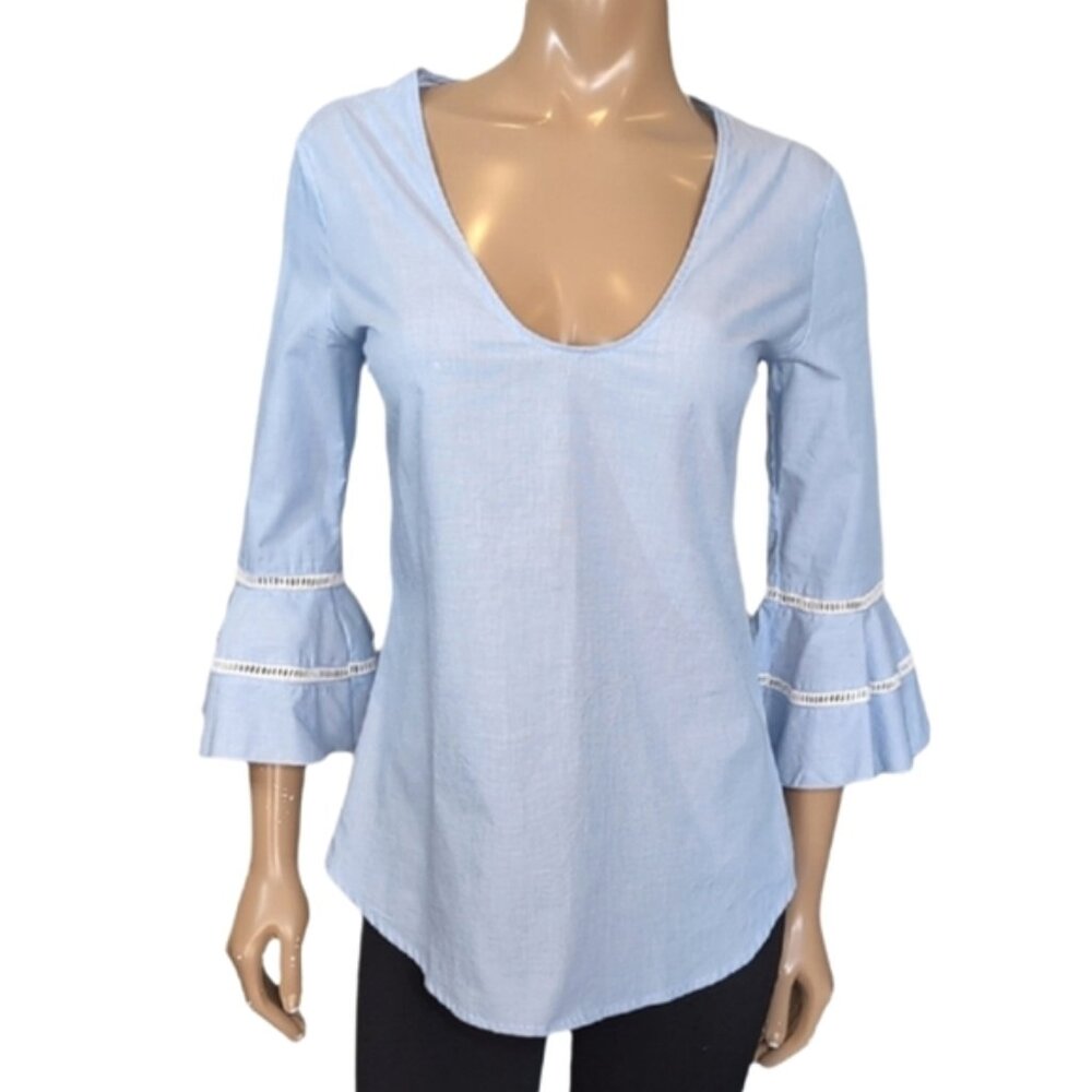 Imperial Italy Chambray Tunic Top Womens Size Small Blue Crochet Flare Sleeve